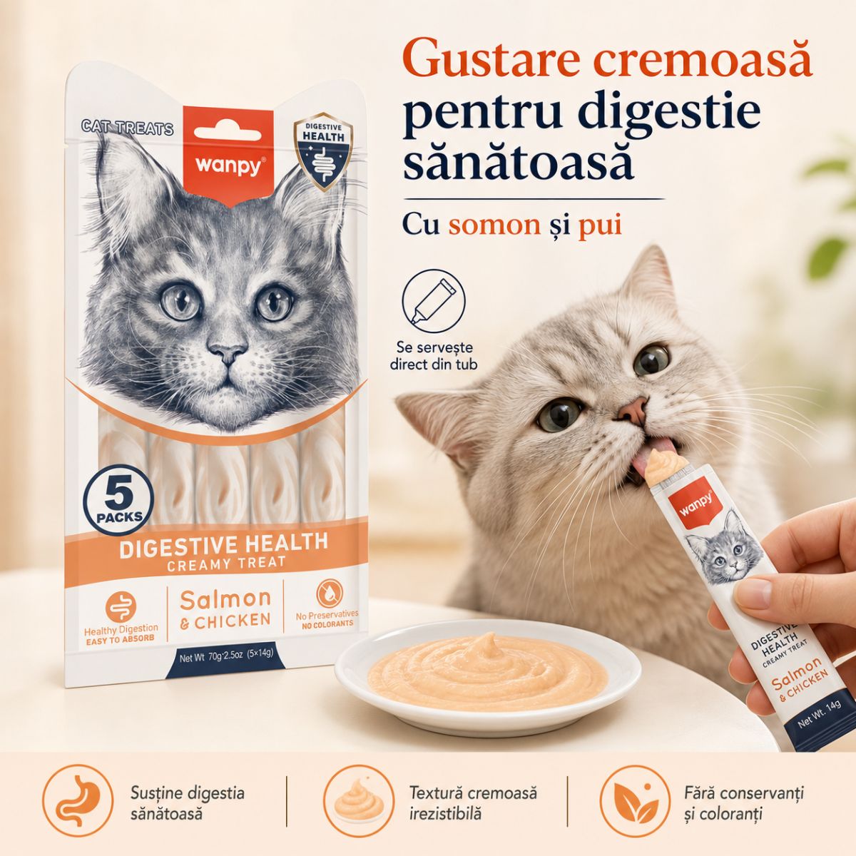 WANPY Creamy Digestive Health, Somon și Pui, punguță recompense funcționale pisici, sistem digestiv, (piure), 70g